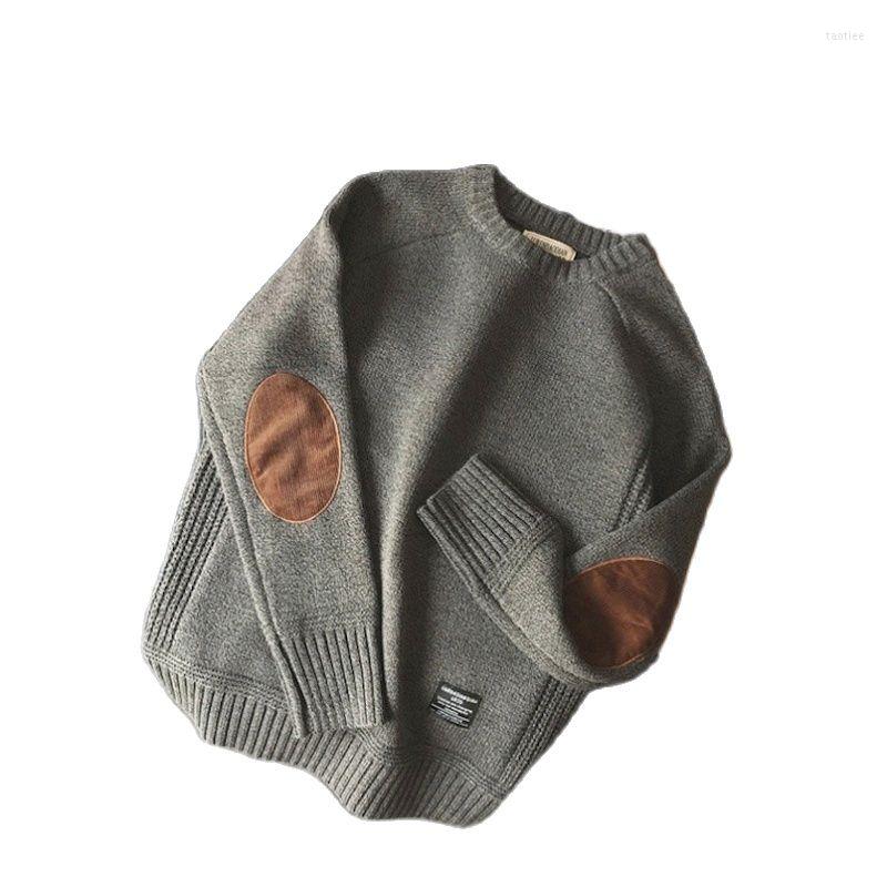 

Men's Sweaters Winter Thickened Round Neck Knitted Sweater Gentleman Patch Casual Tide Thread Vintage Pullover For Autumn Plus Size 5XL, Khaki