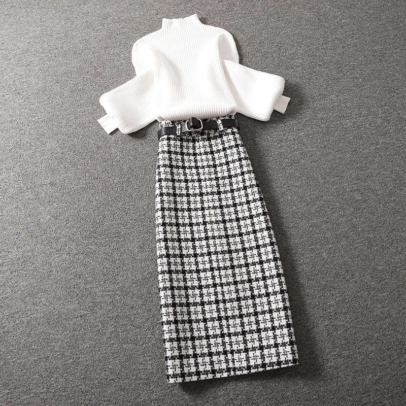

Two Piece Dress Lantern Sleeve Half High Collar Soft Knitted Sweater Vintage Plaid Waist Belt Skirts Twopiece Set Womens Outifits Suit 221206, Orange