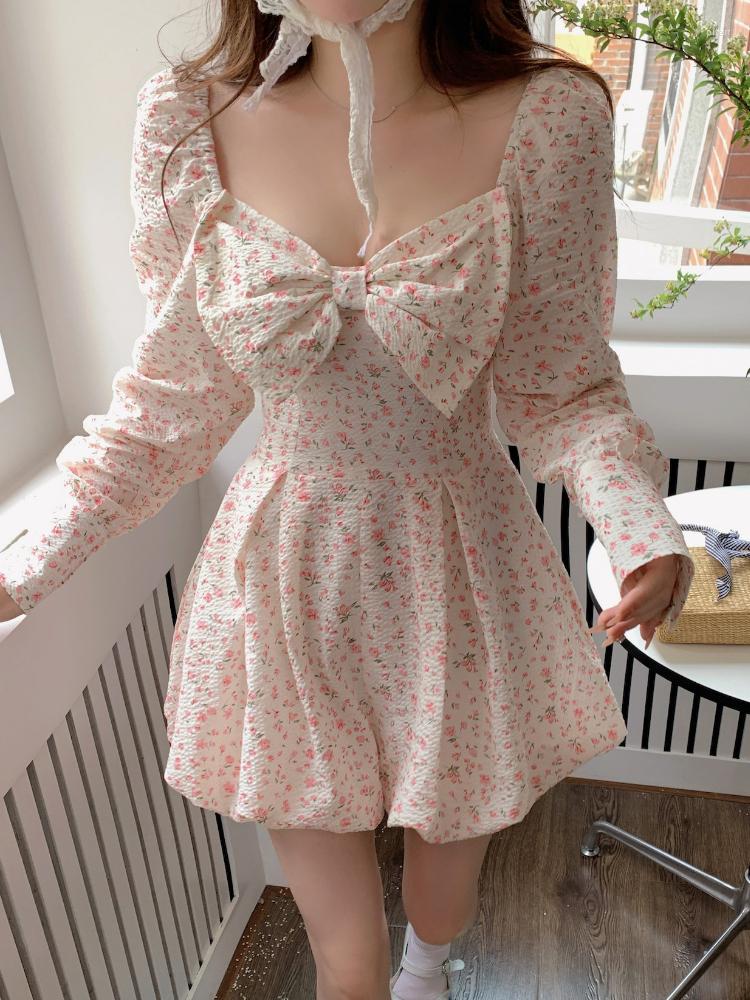 

Casual Dresses Japanese Sweet Floral Lolita Dress Women Bow Chic Elegant Beach Party Ladies Y2k Pink Kawaii 2022 Summer One-piece, Fairy dress