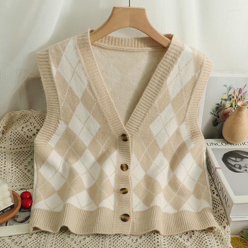 

Women's Vests Autumn And Winter Retro Color Blocking Plaid V-neck Single-breasted Vest Female Fashion Slim Thin Hundred Knitted Shoulders, Black