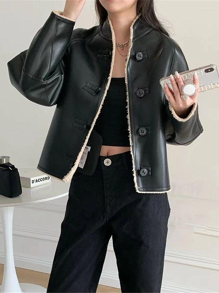 

Women' Fur Both Sides Wear Coat For Women 2022 Winter Temperament Vintage Outerwear Stand Collar Furry Faux Leather Jacket And Tops