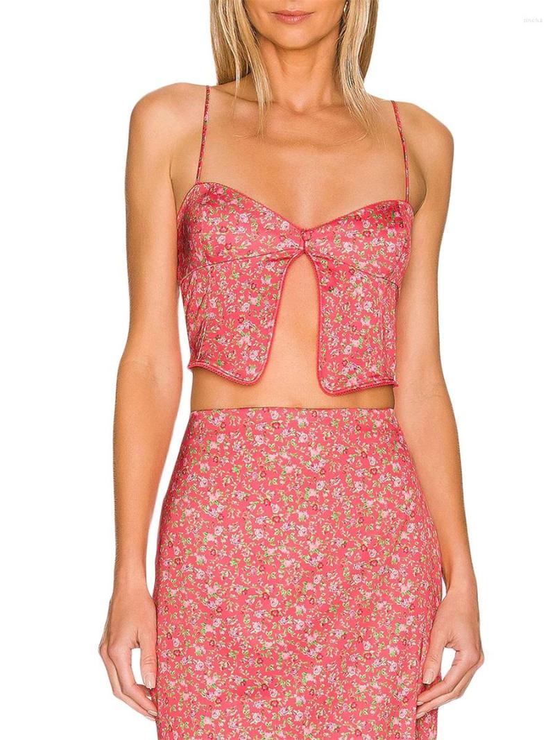 

Women' Tanks Women Summer Trendy Crop Tops Floral Print Spaghetti Strap Front Slit Sleeveless Tank Camisole Red/Yellow