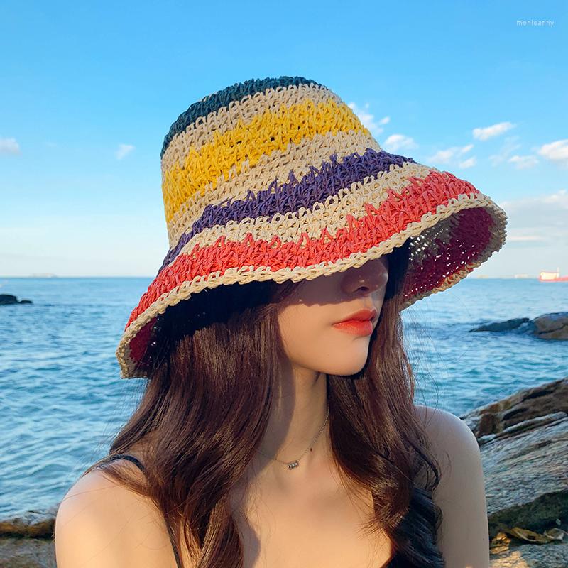 

Wide Brim Hats Women's Bucket Straw Hat Made Rainbow Summer Foldable Panama Female Beach Sun Outdoor Travel Shade Visor, Khaki