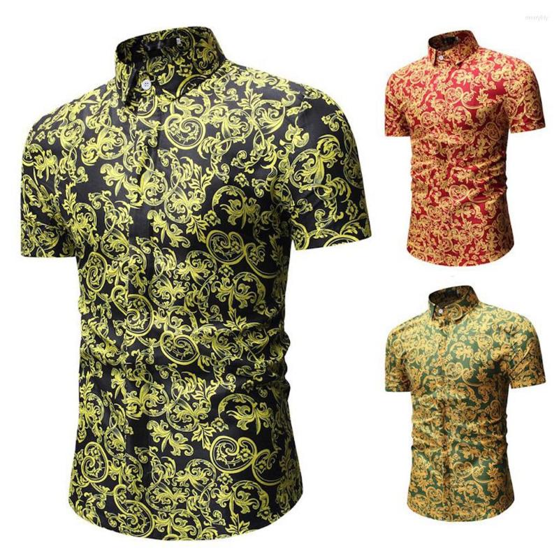 

Men's Casual Shirts Men's Top Stand Blouse Printed Short Fit Slim Button Sleeve Collar Shirt Men Holiday Fashion Tops Beachwear, Black