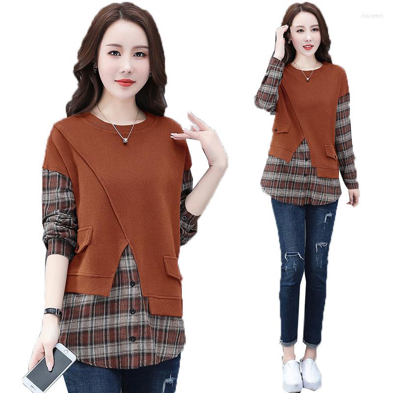 

Women's Hoodies Women's Fake Two-Piece Sweater Spring Autumn Loose Blouses Plaid Long-Sleeved Ladies Tops Female Sweatshirt Ropa Mujer, Brown