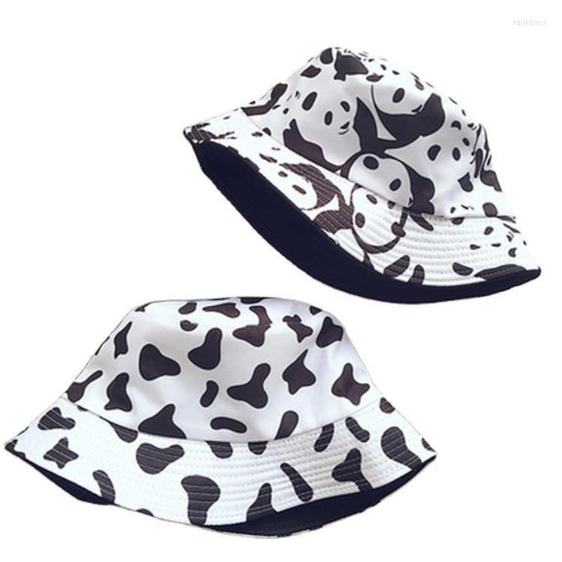 

Berets Women Hats Men Spring Autumn Foldable Fisherman Hat Hip-hop Caps Fashion Summer Reversible Plaid Cow Bucket, Panda pattern 1