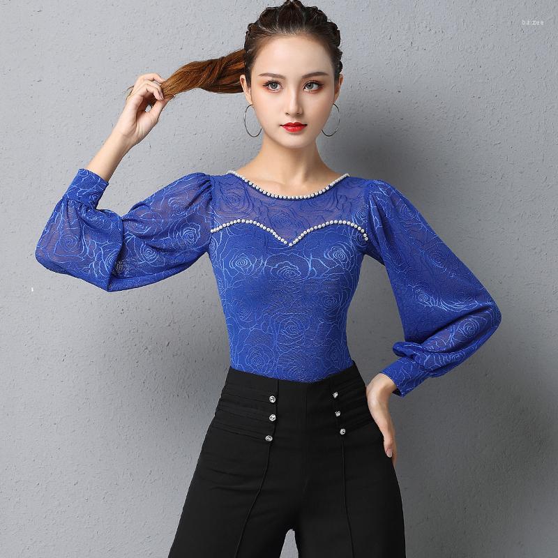 

Stage Wear Latin Dance Practice Tops Women's Autumn Sexy Mesh Long-Sleeve Pearls Shirt National Standard Modern Clothes DL6718, Only tops