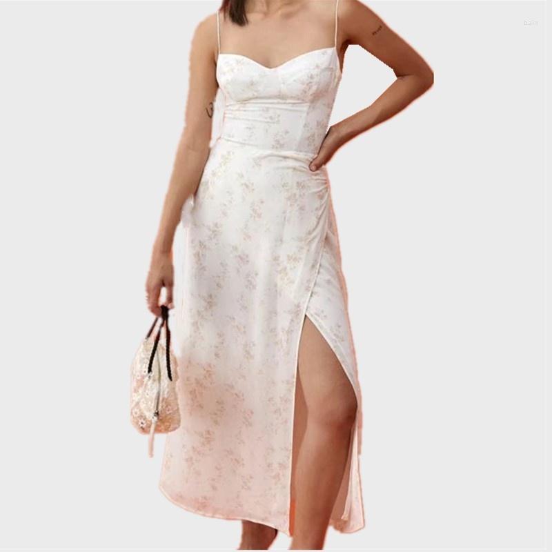 

Casual Dresses Vintage France Floral Print Adjust Lacing Up Spaghetti Strap Midi Dress Sexy Women Elastic Back Hem Split Sling, Picture shown