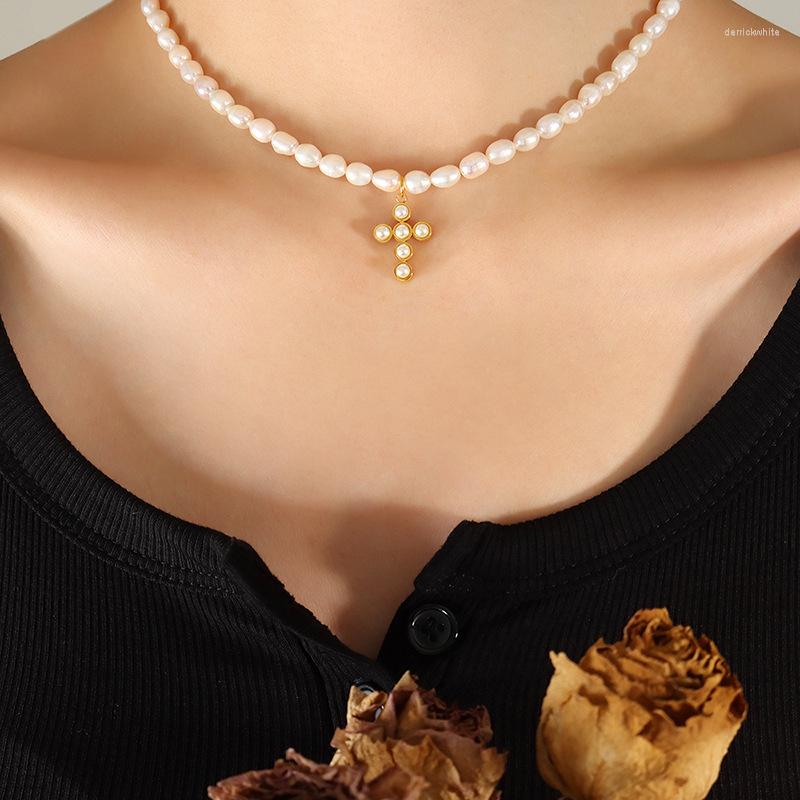 

Pendant Necklaces Minar Punk Simulated Pearl Cross For Women 18K Gold Titanium Steel Freshwater Choker Necklace Pendientes