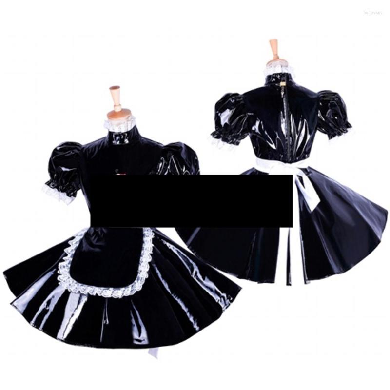 

Casual Dresses Lockable Cute Maid Uniform Cosplay PVC Lolita Dress Short Puff Sleeve Halloween Outfit Crossdresser Plus Size Sissy, Black