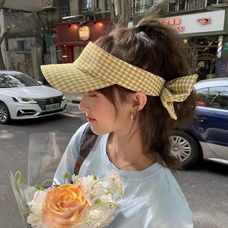 

Wide Brim Hats Women Sun Bow-knot Plaid Empty Top Hat Summer Folding UV Protection Visors Outdoor Beach Sunscreen Cap Female, Red