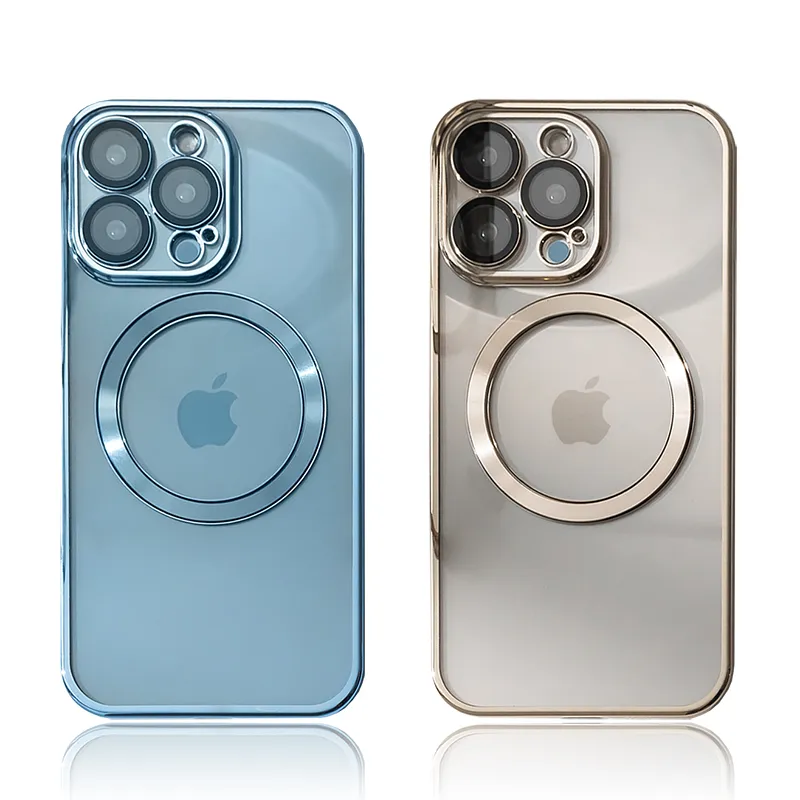 

Iphone case Luxury Plating Transparent Silicone Cases For Magsafe iPhone 11 12 13 14 Pro Max Plus mini Shockproof Clear Cover Lens Protection, Gold