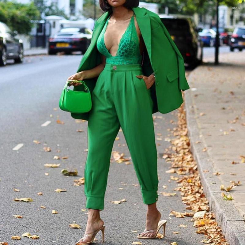 

Women' Two Piece Pants 2 Pcs/Set Women Business Suit Flap Pockets Blazer Pant Set Turn-down Collar Coat Trousers Long Sleeves Formal, Green
