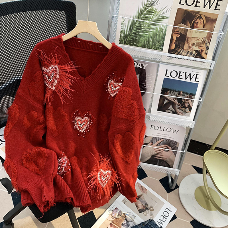 

Women s Sweaters High Quality V Neck Women Pullover Fashion Red Pullovers Nail Bead Autumn Winter Heart shaped Oversized 221206