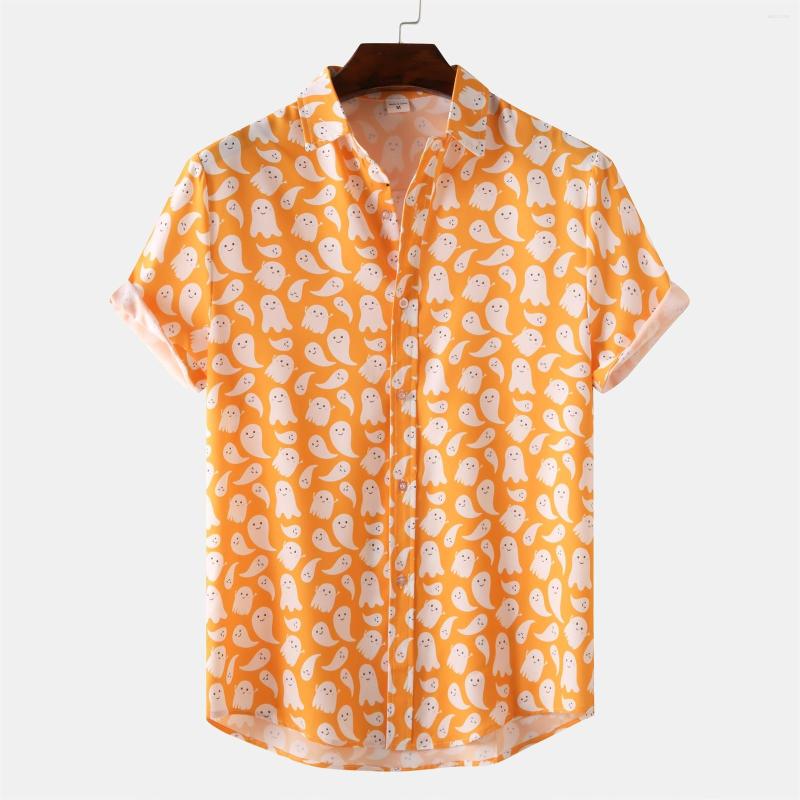 

Men's Casual Shirts Male Party Halloween Specter Printed Shirt Short Sleeve Turn Down Collar Button, Orange