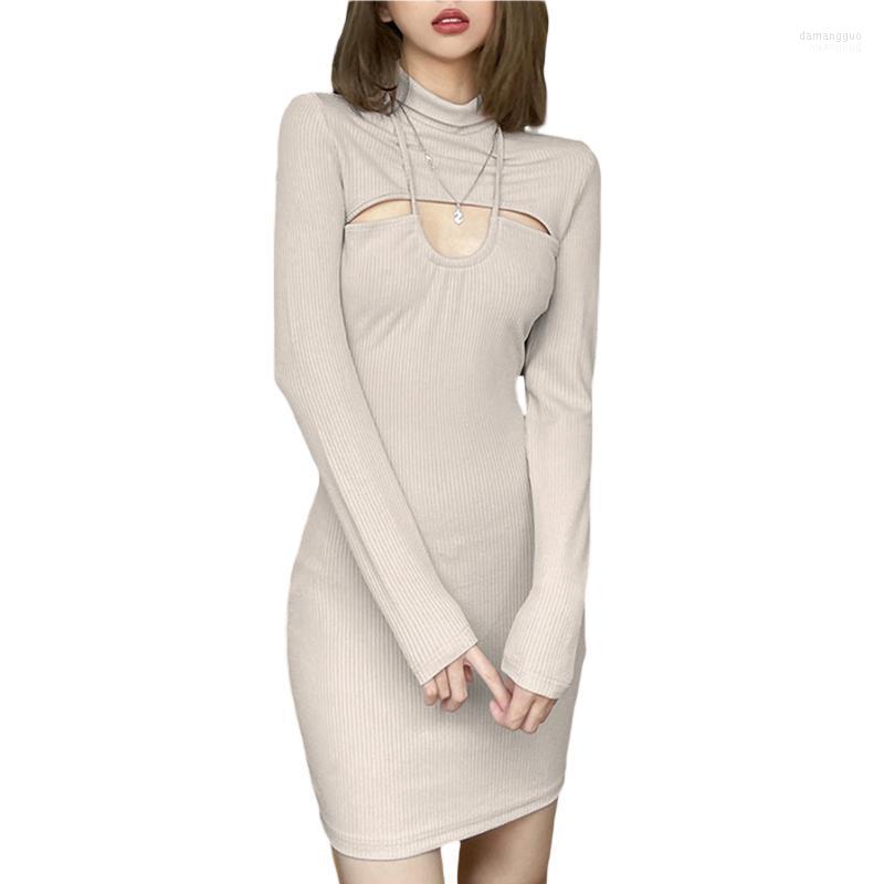 

Casual Dresses 2022 Women Fashion Close-fitting Hollow Out Dress Khaki Solid Color Turtleneck Long Sleeve / M/ L