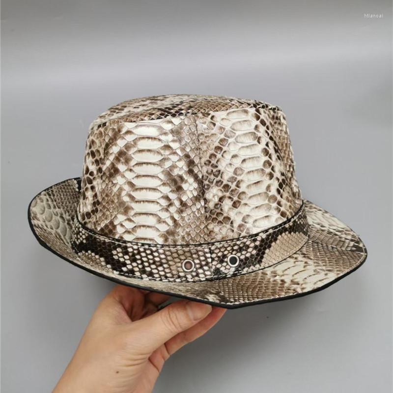 

Berets Authentic Real True Exotic Leather Gentlemen Bowler Hat Genuine Stage Performance Magician Male Fedoras Cap, Black