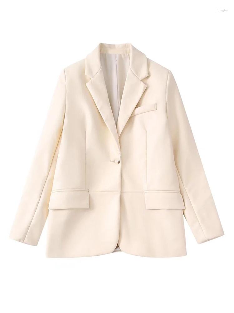 

Women's Suits Evfer Fashion Womens Faux Leather Beige Loose Blazers Spring Autumn Single Button Long Sleeve Girls Casual Office Solid