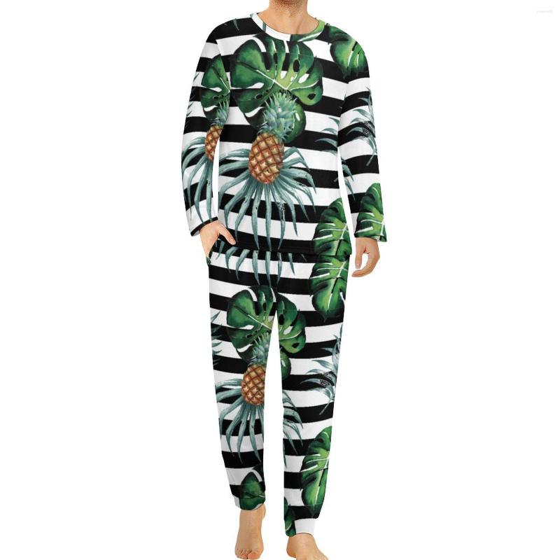 

Men' Sleepwear Watercolor Tropical Pajamas Long Sleeve Pineapple And Stripes 2 Pieces Bedroom Set Man Design Retro Big Size Nightwear, Style-1
