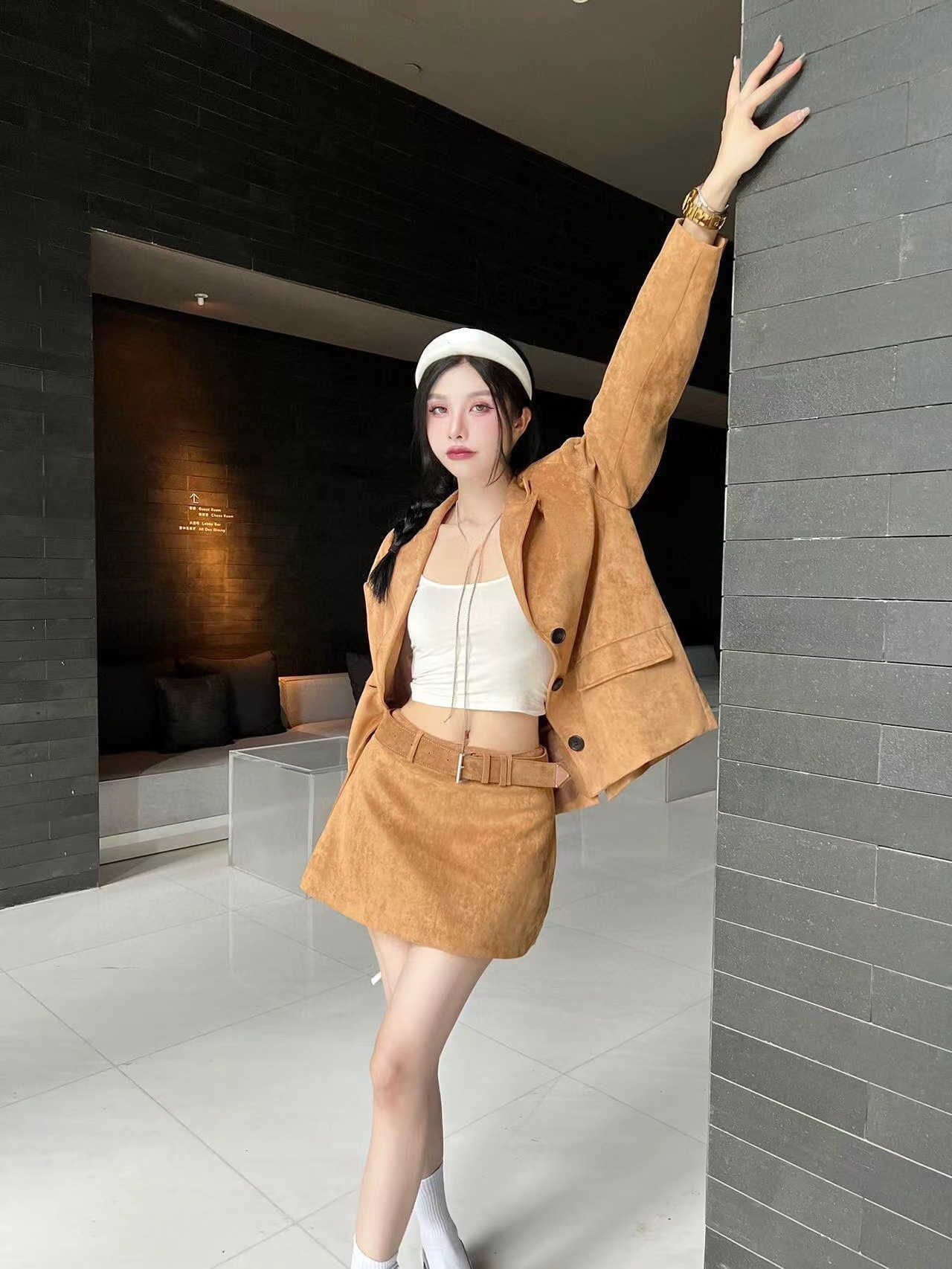 

Two Piece Dress 22 Autumn and Winter New Style Cool Versatile Loose Casual Coat and Trouser Skirt Fashion Set, Brown5