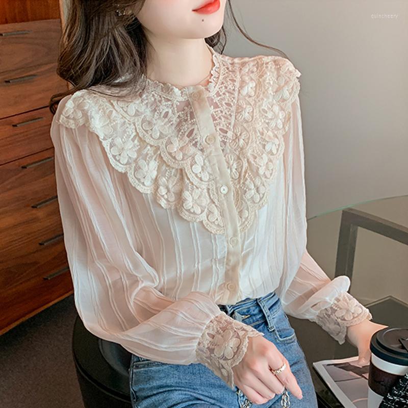 

Women' Blouses 2022 Spring Flower Women Blouse Patchwork Long-sleeved Lace Top Sweet Single-breasted Chiffon Shirt, Apricot