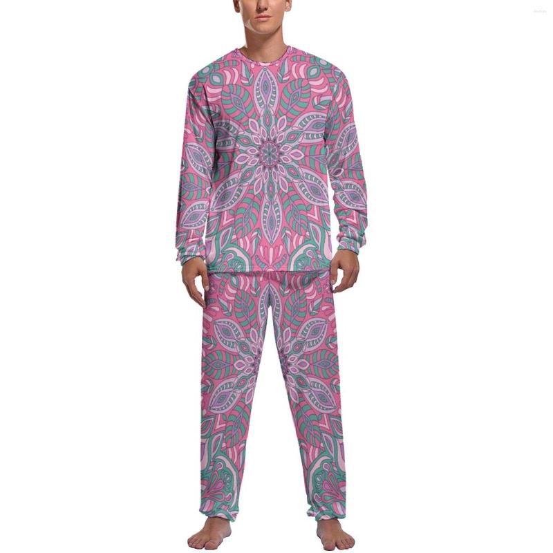 

Men's Sleepwear Retro Bohemia Print Pajamas Long Sleeve Pink Mandala 2 Piece Bedroom Pajama Sets Autumn Male Design Fashion Home Suit, Style-6