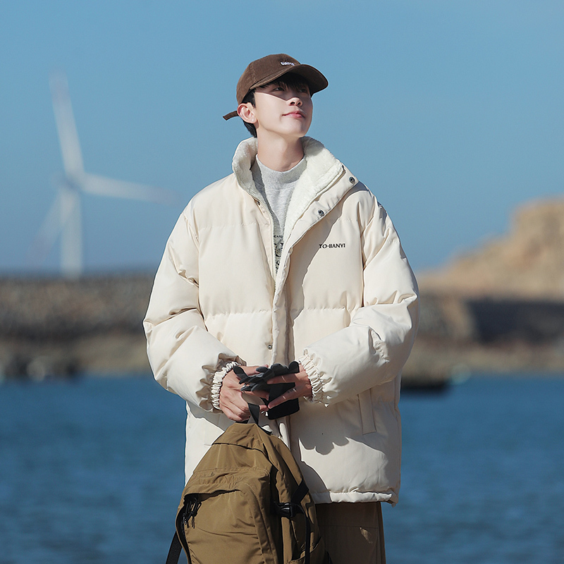 

Mens Down Parkas Winter Jacket Thicken Warm Coat Stand Collar Jackets Harajuku Bubble Korean Black Clothes Puffer 221207, Beige apricot
