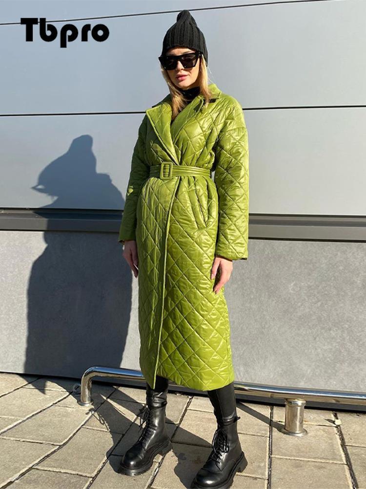 

Women  Down Parkas Over The Knee Winter Padded Jacket Coat Woman Belted Space Cotton Diamond Plaid 221206, Black