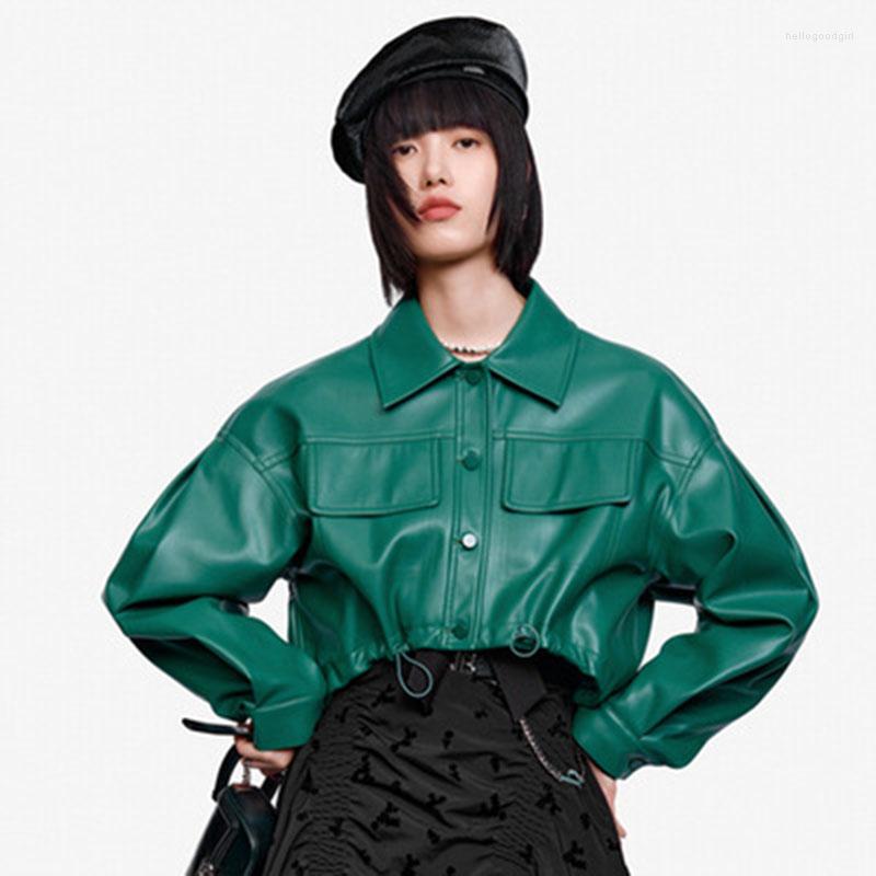 

Women' Leather 2022 Spring Autumn Jacket Women Green Short Motorcycle PU Long Sleeve High End 2 Colors Biker Coat