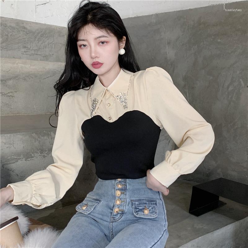 

Women's Blouses Chiffon Women's Blouse Slim Fit Korean Style Shirt Summer Elegant Diamond High Street Top Splicing Female Clothing, Beige