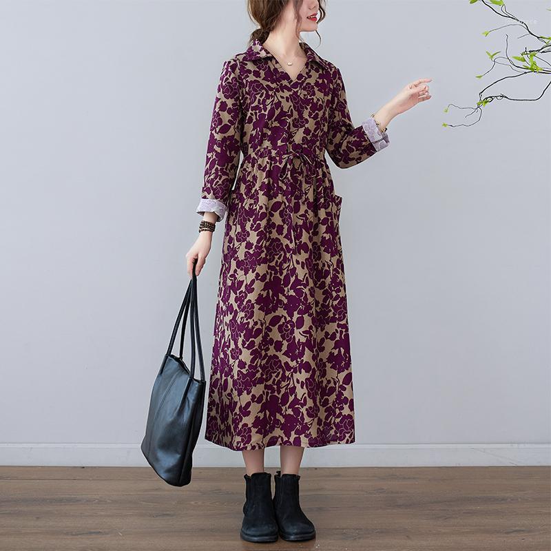 

Casual Dresses 2022 Korea Style Print Floral V-neck Vintage Autumn Dress Draw String Slim Office Lady Work Women Spring, Black