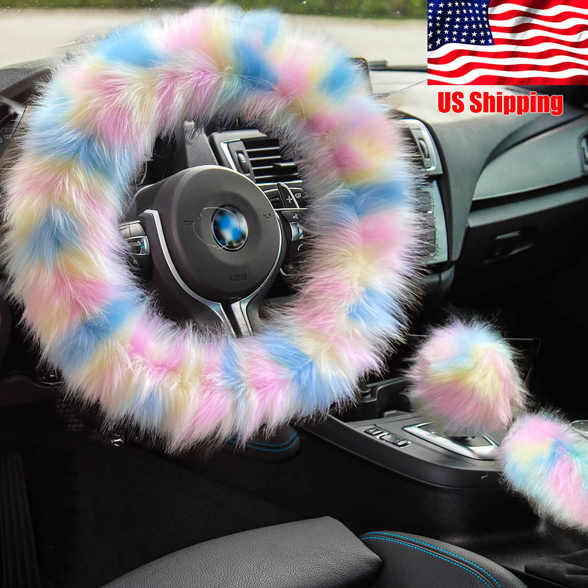 Cute Fluffy Steering Wheel Covers for Women/Girls/Ladies Fuzzy Handbrake Cover & Gear Shift Cover Luxurious Faux Fox Fur Furry Decor Soft Warm Wi-image-583162143