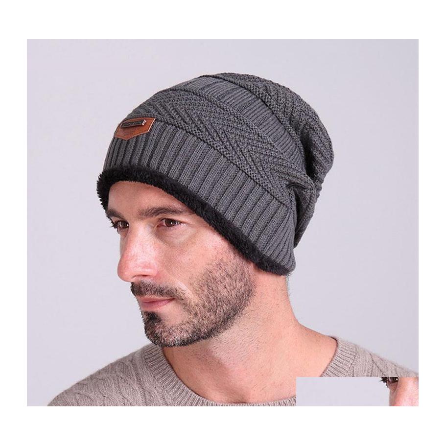 

Beanie/Skull Caps Mens Beanies Knitted Cap Winter Hat For Women Knit Beanie Clava Add Veet Warm Hedging Metal Mark Wool Bonne Drop D Dhb7C