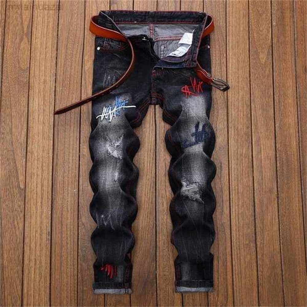 

mens jeans mens jeans mens quality trousers men straight black embroidery fashion designer casual tear hip hopmja2