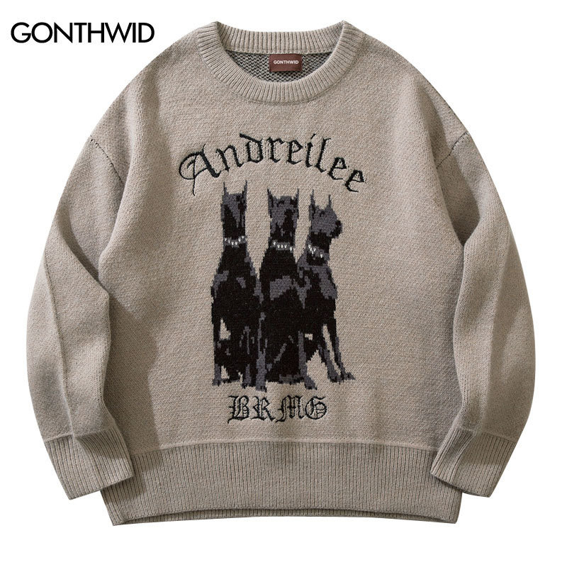 

Men's Sweaters Men Vintage Sweater Y2K Streetwear Hip Hop Knitted Doberman Dog Autumn Harajuku Fashion Retro Casual 221207, Grey khaki