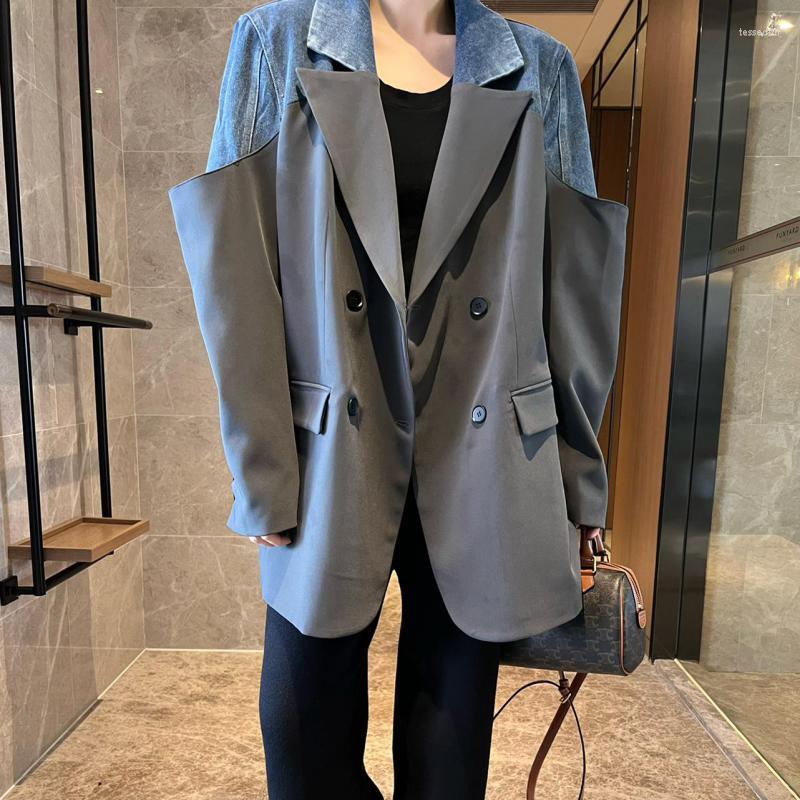 

Women's Suits Women Blazer Denim Stitched Double Breasted Full Sleeve Ladies Suit Coat Fake Two Loose Women's Long Jacket 2022, Gray and blue
