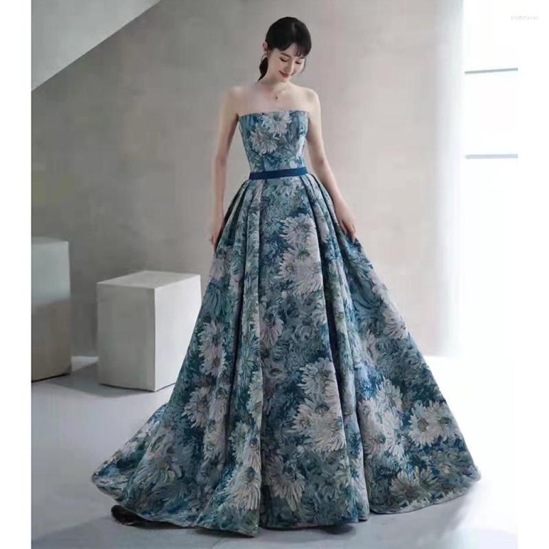

Party Dresses Elegant Flower Evening Dress For Women Blue Green Strapless A-line Pleat Detachable Sleeve Belt Banquet Formal Prom Gowns