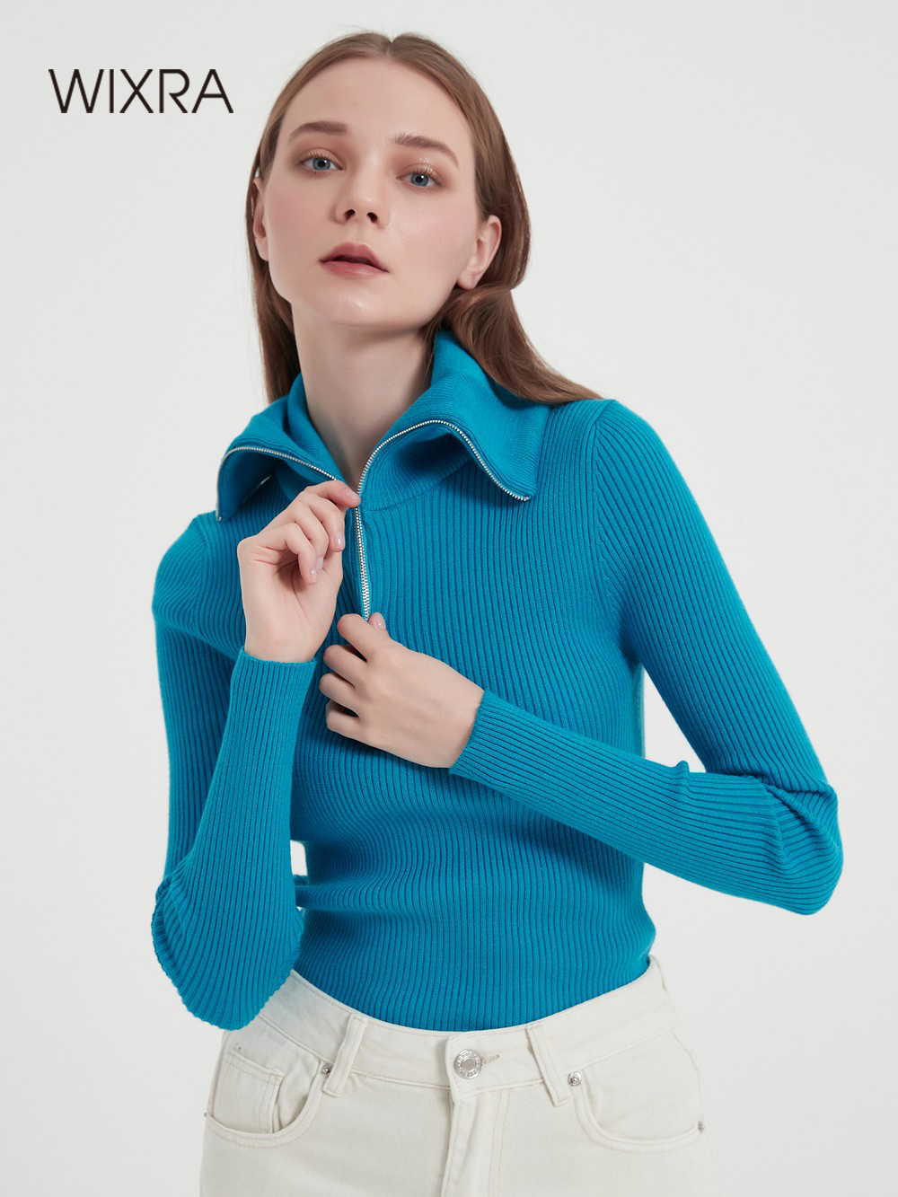 

Women s Sweaters Wixra Women Sweater Long Sleeve Slim Autumn Spring Zipper Turn Down Collar Pullover Femme Soft Jumper Knitted Top 221206, Green