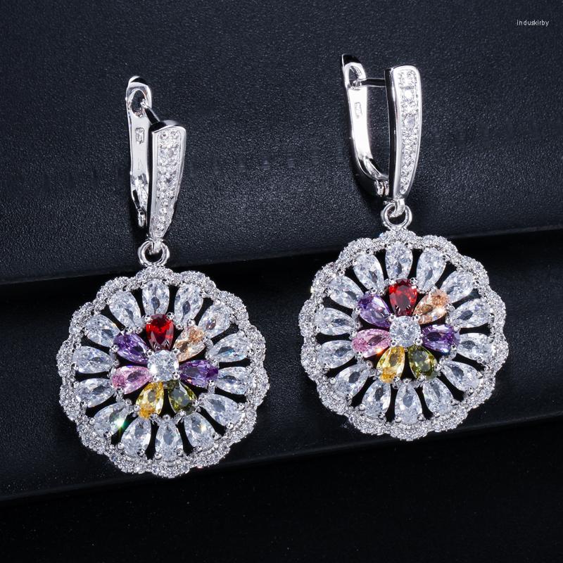 

Dangle Earrings ThreeGraces Korean Trendy Cubic Zirconia Stone Silver Color Round Flower Drop Earring For Women Engagement Costume Jewelry