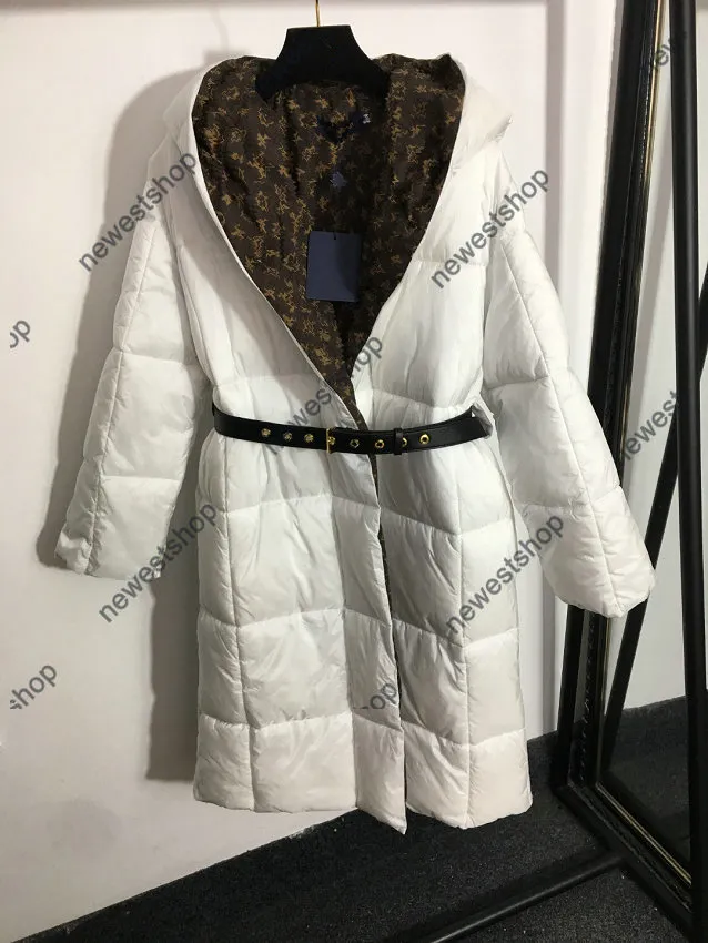

2022 winter womens Hooded jackets classical letter print warm coats designer luxury long style outwear coat women casual Belt waist long, White