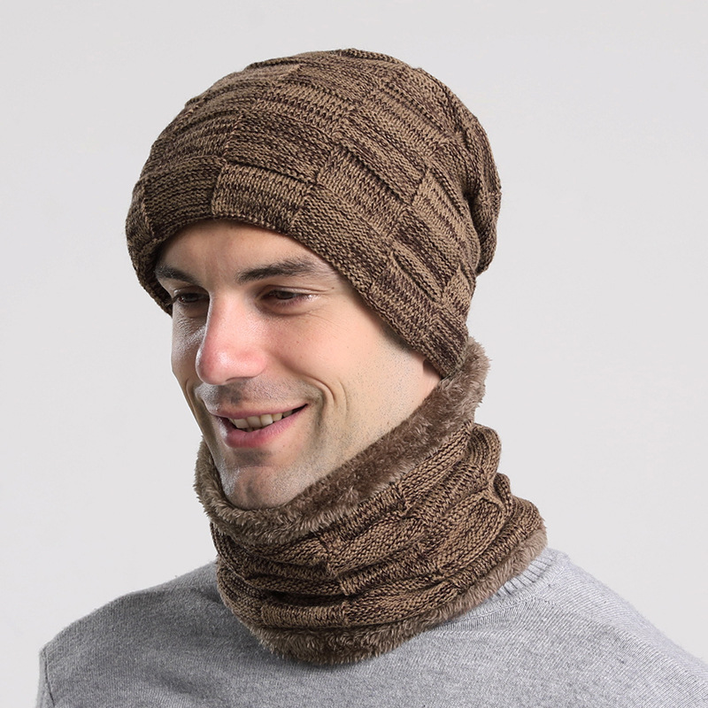 

winter beanie with neckerchief plus fleece thick skull caps mens woolen hat, Aspic