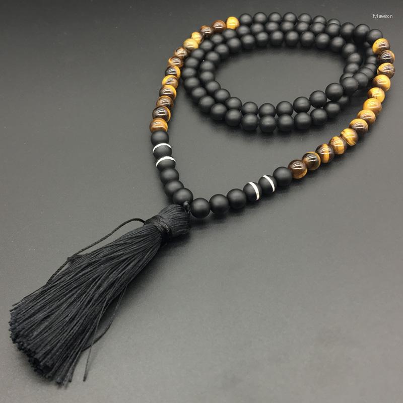 

Pendant Necklaces 8mm Tigers Eye Stone JapaMala Necklace Namaste Yoga Jewelry Chakra Stones Mala Buddhist Prayer Bead 108 Beads