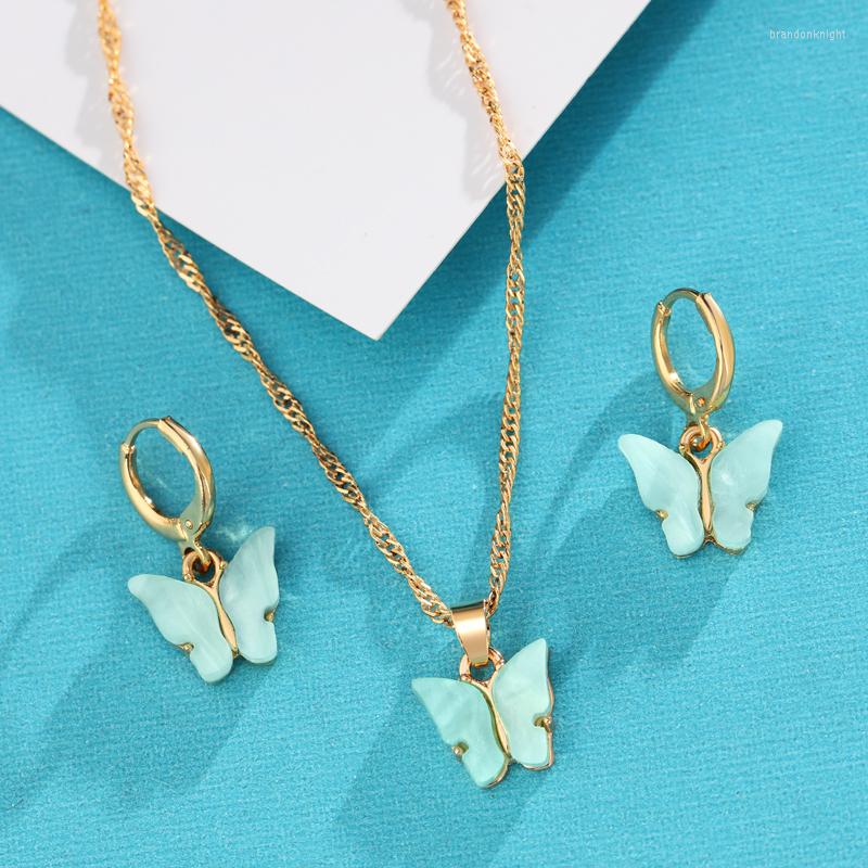 

Necklace Earrings Set Fashion Women Jewelry Green Red Butterfly Animal Acrylic Girls Party Gifts, Picture shown