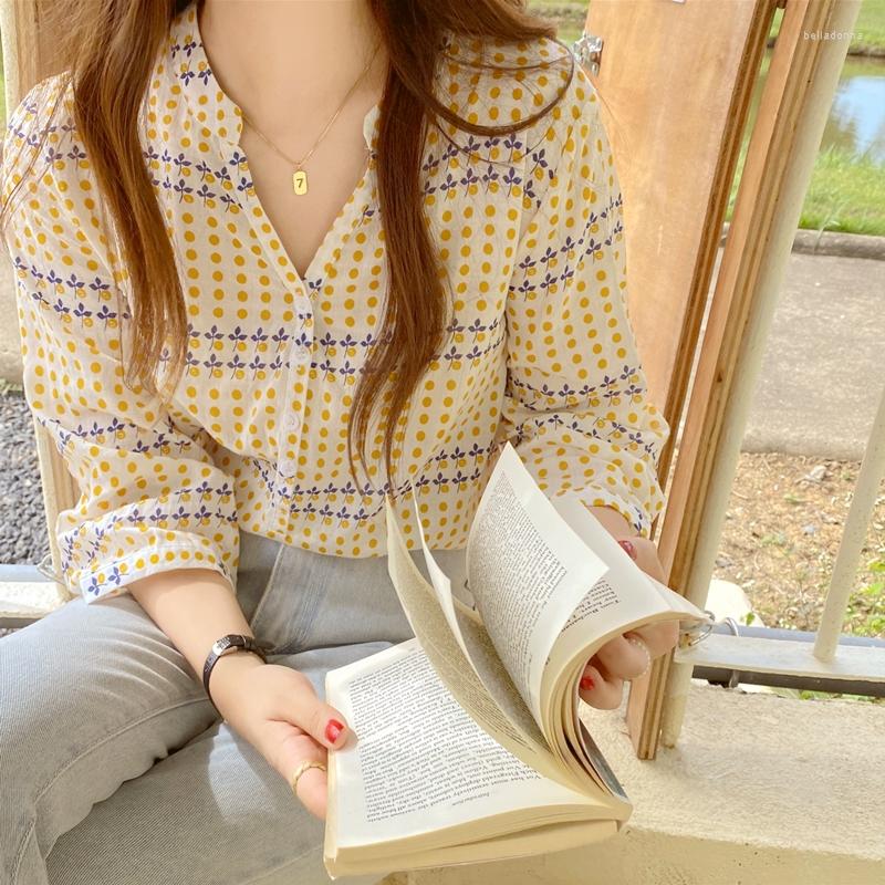 

Women' Blouses Korean Fashion Women Shirt Summer Polka Dots Print Fresh Holiday Yellow Stand Collar Long Sleeve Button Up Camisas Mujer