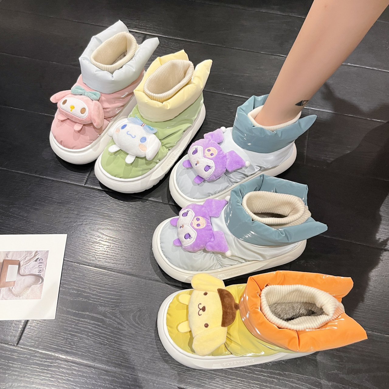 

Down cloth plush short boots women's autumn and winter cartoon cute girl feeling lazy thick cotton slippers, #4