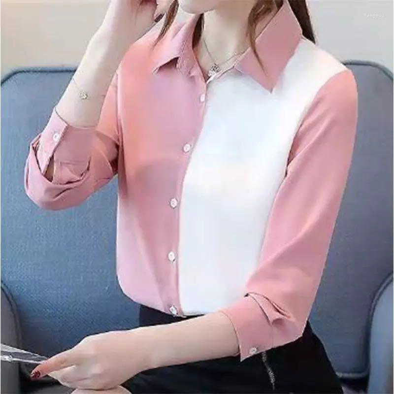 

Women' Blouses Autumn Women' Shirts Chiffon For Women Patchwork Long Sleeve Top Button Up Polo Neck Clothing Female Basic, Blue