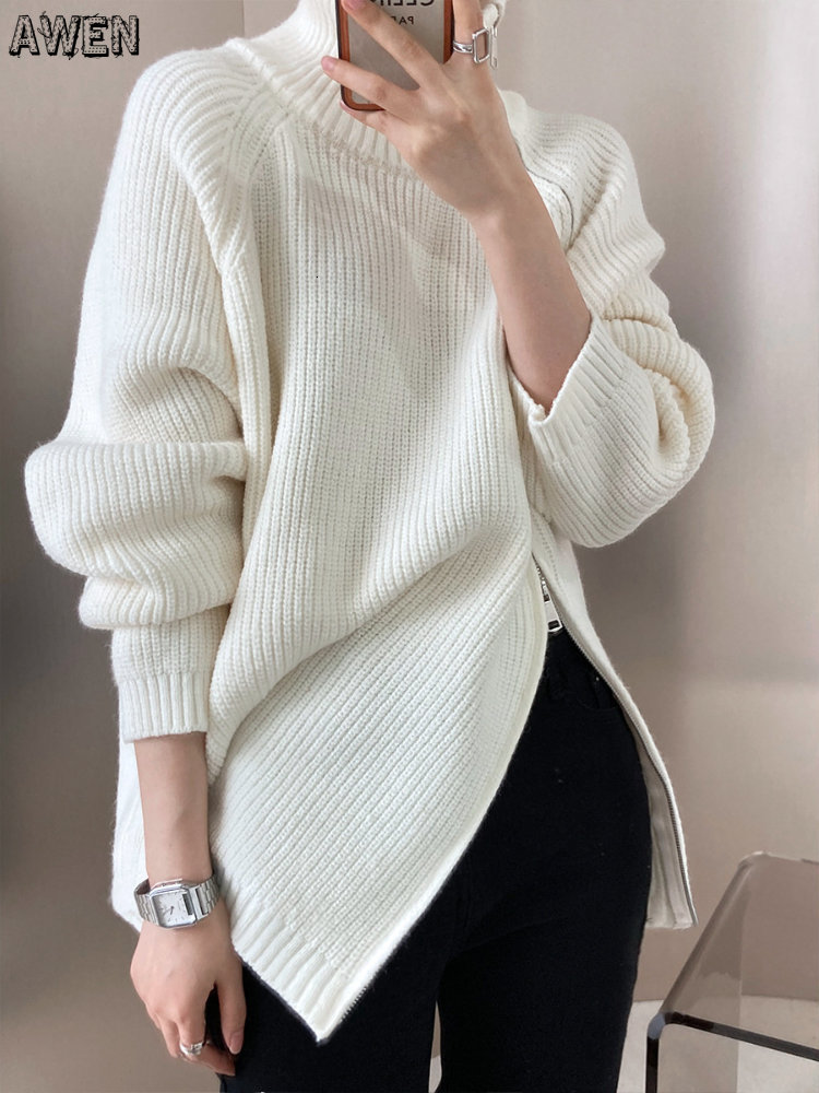 

Women s Sweaters Turtleneck Zipper Design Oversized Knitted Sweater Gray White Black High Neck Autumn Winter Solid Loose Jumper 221206, Creamy-white