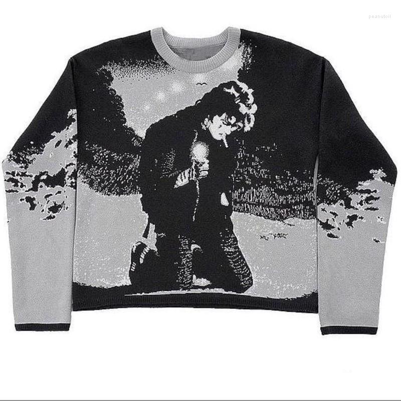 

Men's Sweaters Autumn Winter Harajuku Vintage Cartoon Anime Print Knit Oversized Men Sweater Aesthetic Y2K Gothic Punk Streetweat Ugly, Dark grey