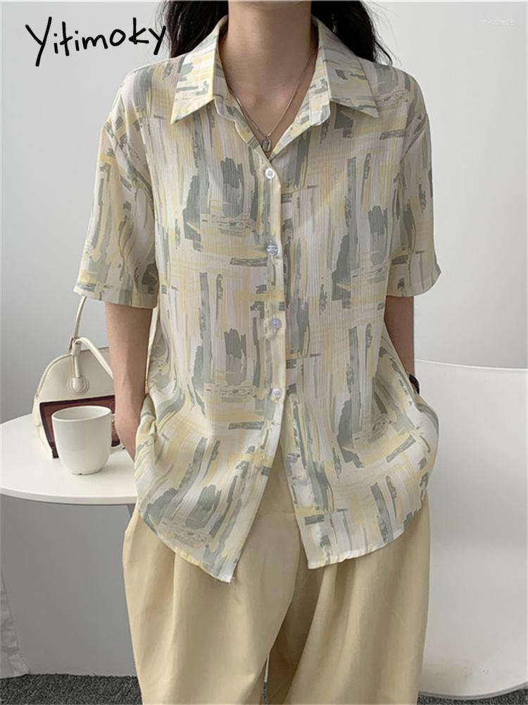 

Women' Blouses Yitimoky Green Print Shirts Women Tops Short Sleeve Button Up Blouse Summer 2022 Causal Fashion Turn-down Collar Ladies