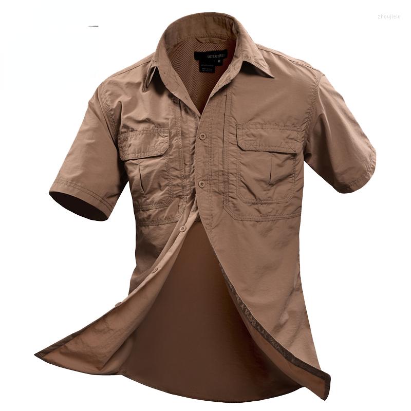 

Men' Casual Shirts 2022 Summer Men Shirt Military Short Sleeve Mens Brand Social Clothing Chemise Homme Camisa Masculina, Brown